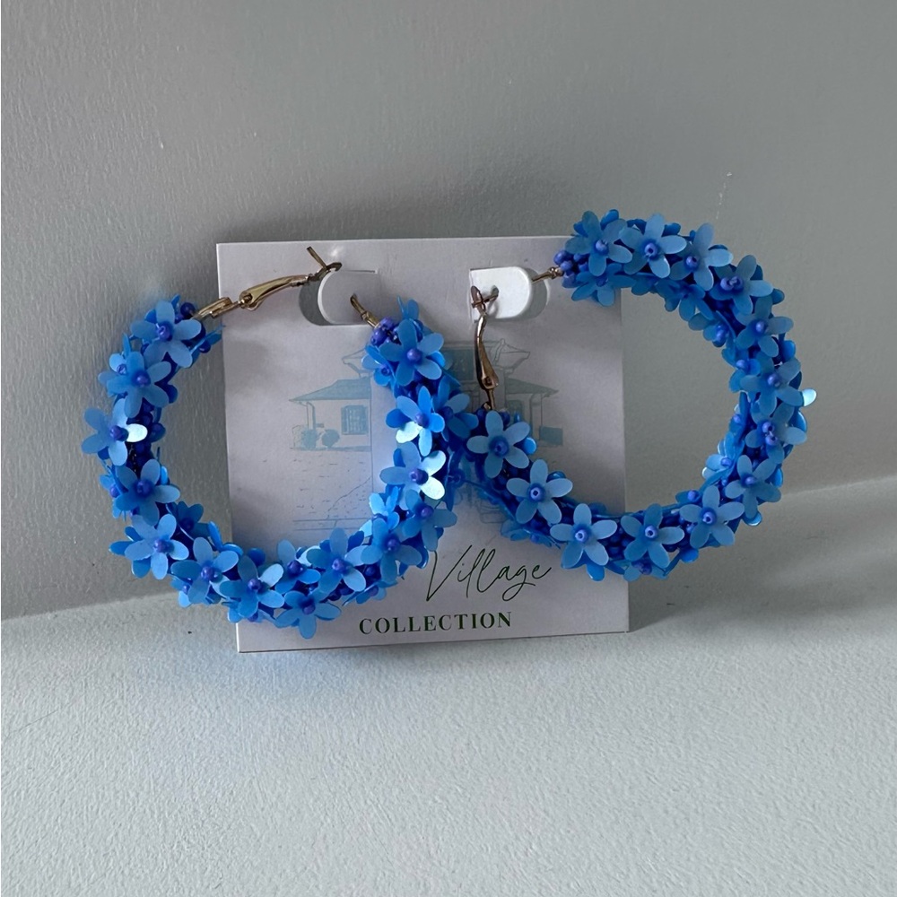 Blue Floral Hoop Earrings